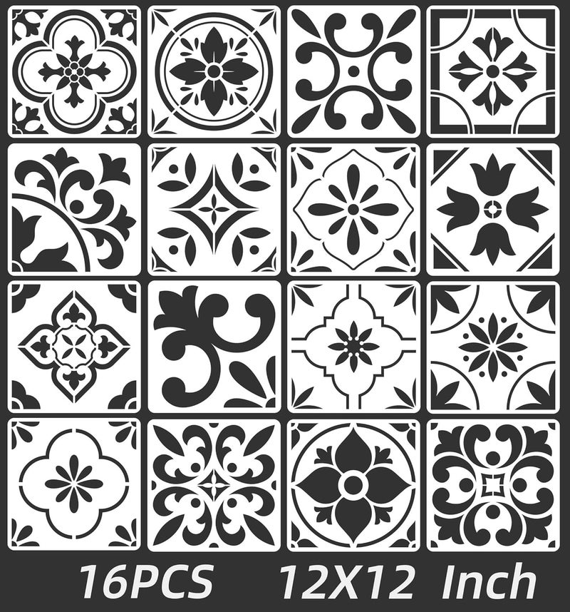 neglex 16-Pack Spanish Tile Stencil Set (12X12 Inch) Authentic Patterns for Floor and Wall, Reusable Tile Stencils for Painting on Floors, Furniture, and Canvas, DIY Spanish Talavera Home Décor - Image 1